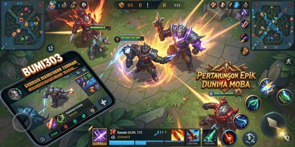 Screenshot utama menampilkan gameplay seru BUMI303 dalam pertempuran MOBA.