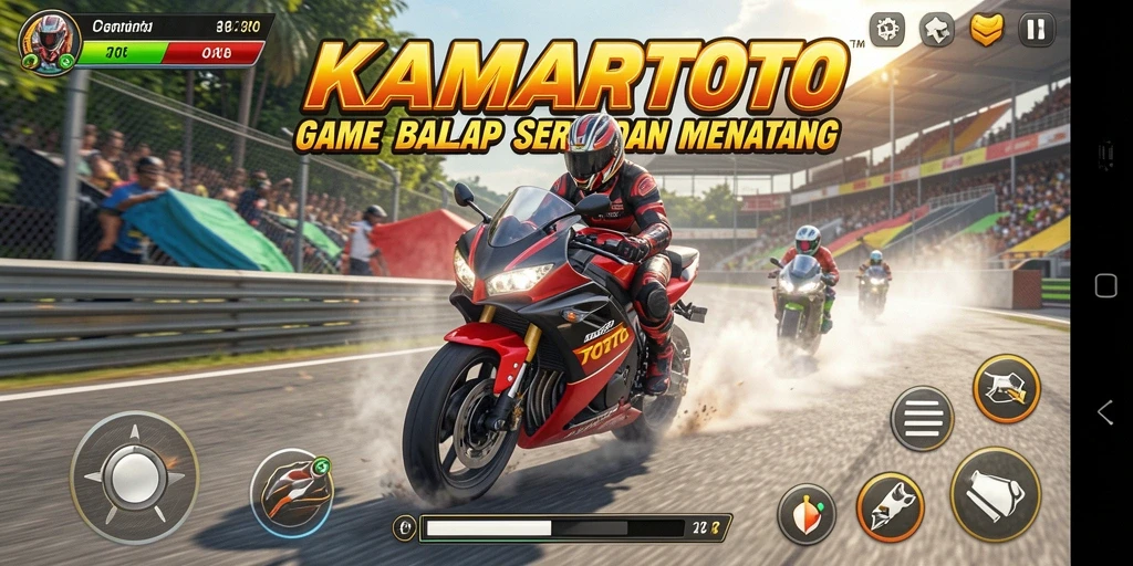 Tampilan gameplay seru di KAMARTOTO dengan motor balap yang cepat.