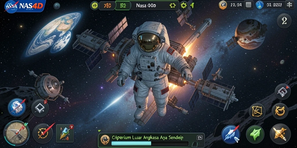 Screenshot gameplay NASA4D menampilkan pengelolaan stasiun luar angkasa yang dinamis.