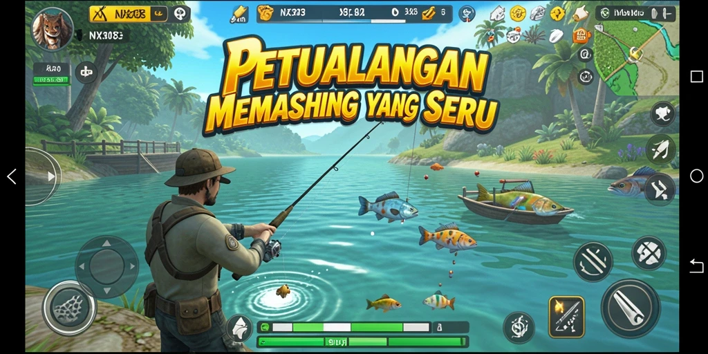 Screenshot utama NX303 menampilkan aksi memancing yang seru dan menantang.