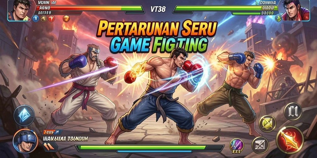 Tampilan gameplay VT38 yang penuh aksi dengan karakter bertarung.
